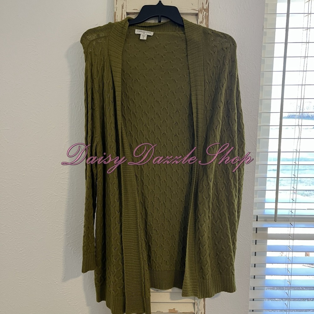 ✨COLDWATER CREEK Wool Blend Cable Knit Open-Front Cardigan Sz 1X Olive Green✨